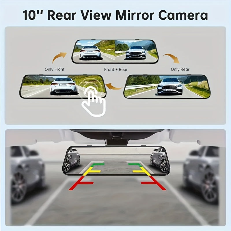 10 Inch Full Touch Screen Front 1080P & 1080P Rear Dash Cam, Front 170° & Rear 150° Wide Angle View, Super Night Vision, Adjustable Front Camera, Split Screen Display, Emergency Video Lock, Parking Mode, Loop Recording, Eas