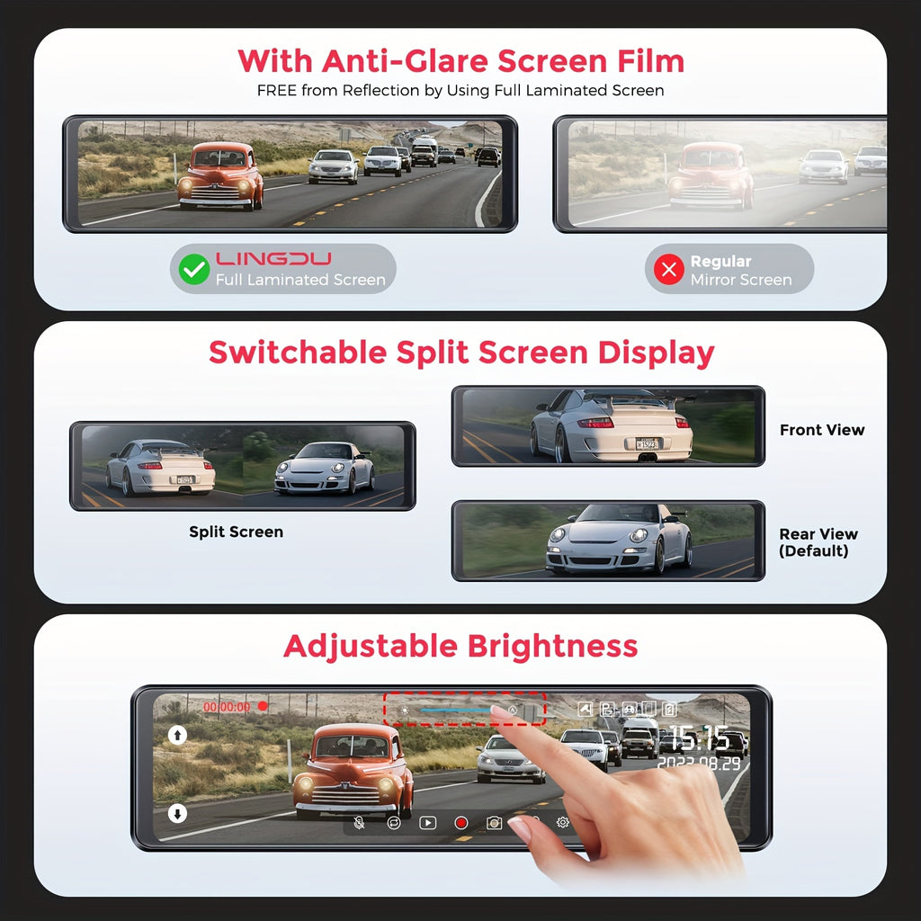 12" FHD 1080P LINGDU Full Touch Screen Mirror Dash Cam with Detached Camera, Super Night Vision, Front and Rear Dual Cameras, Flexible Installation, Backup View Mirror Camera, Includes 64GB Card