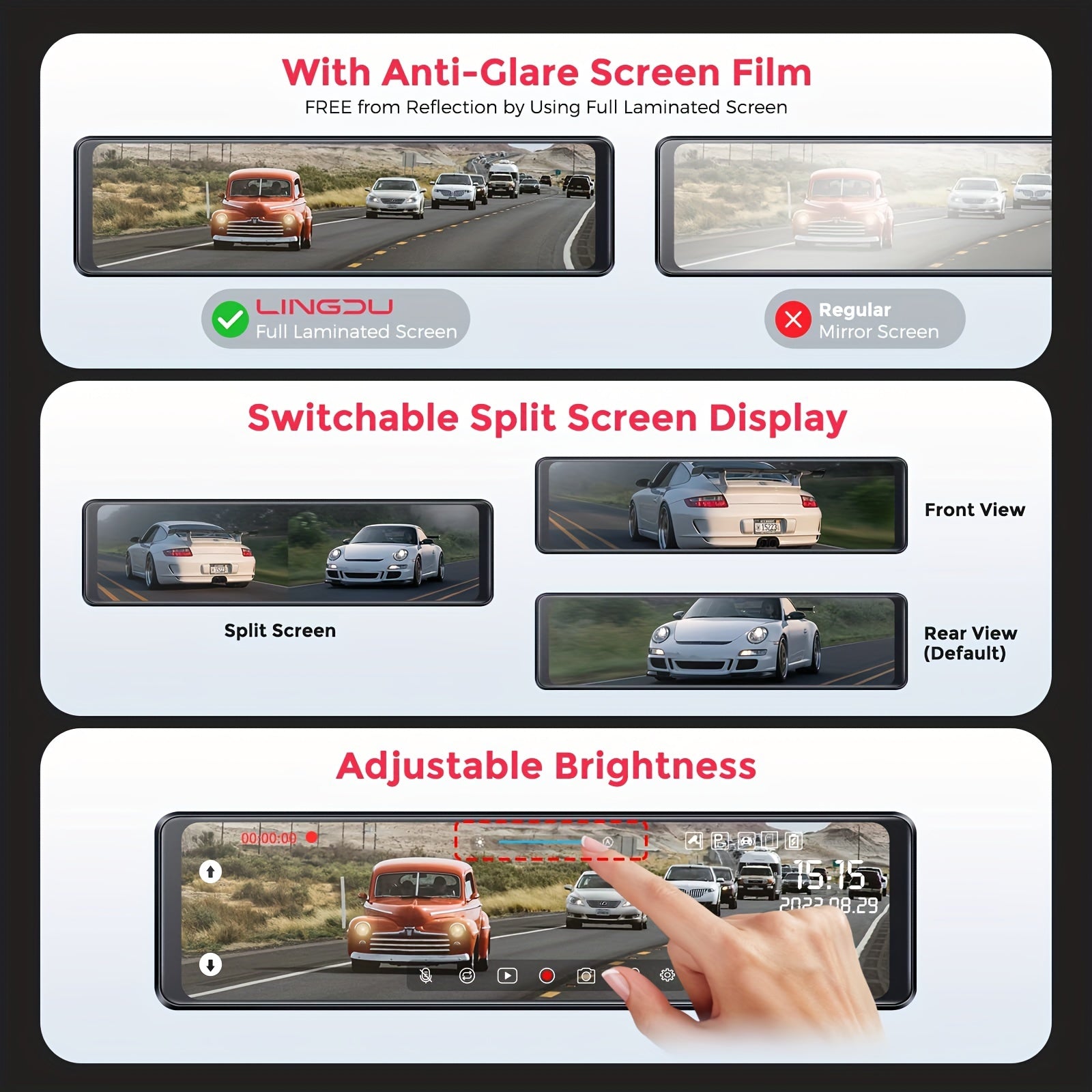 12" FHD 1080P LINGDU Full Touch Screen Mirror Dash Cam with Detached Camera, Super Night Vision, Front and Rear Dual Cameras, Flexible Installation, Backup View Mirror Camera, Includes 64GB Card