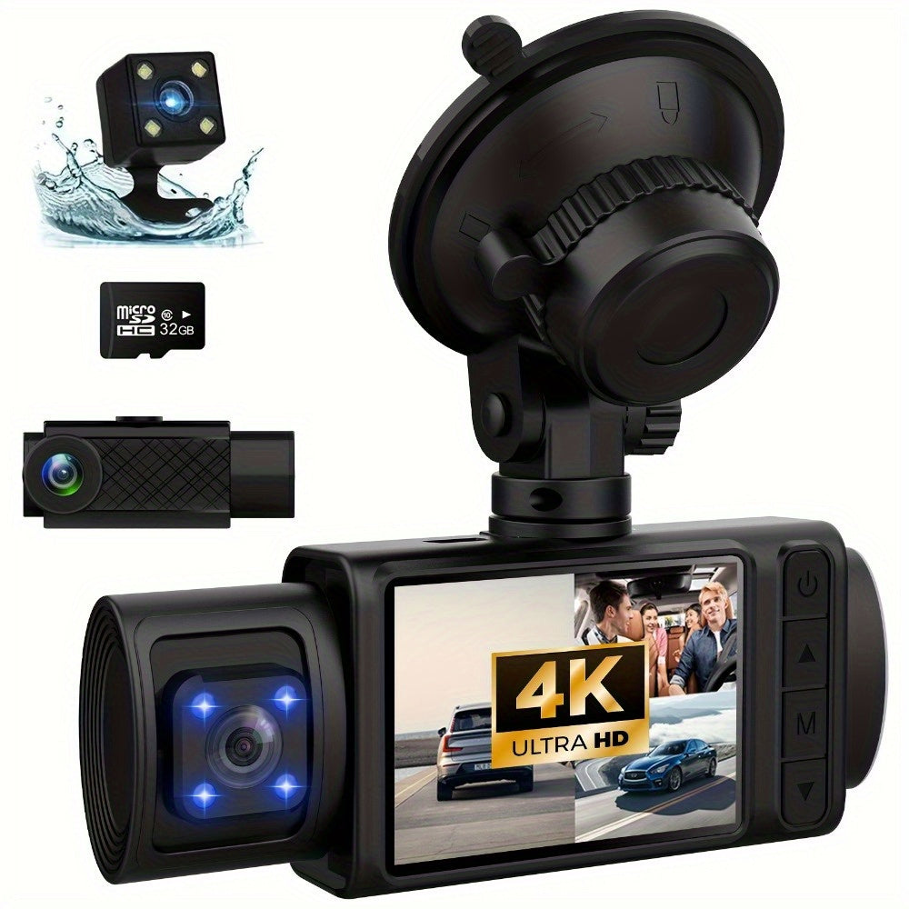 3-Channel 4K+1080P Triple Dash Cam - 2160P Full UHD, 170°Deg Wide Angle, Infrared Night Vision, G-Sensor, 32GB Card Included - Advanced Car Dashboard Camera for Front, Inside, and Rear Recording
