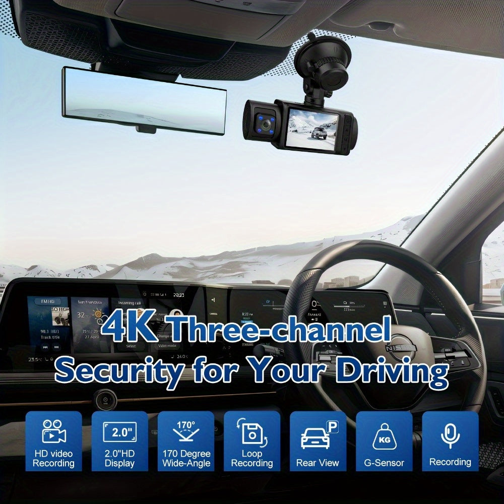 3-Channel 4K+1080P Triple Dash Cam - 2160P Full UHD, 170°Deg Wide Angle, Infrared Night Vision, G-Sensor, 32GB Card Included - Advanced Car Dashboard Camera for Front, Inside, and Rear Recording