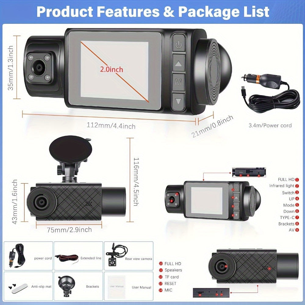 3-Channel 4K+1080P Triple Dash Cam - 2160P Full UHD, 170°Deg Wide Angle, Infrared Night Vision, G-Sensor, 32GB Card Included - Advanced Car Dashboard Camera for Front, Inside, and Rear Recording