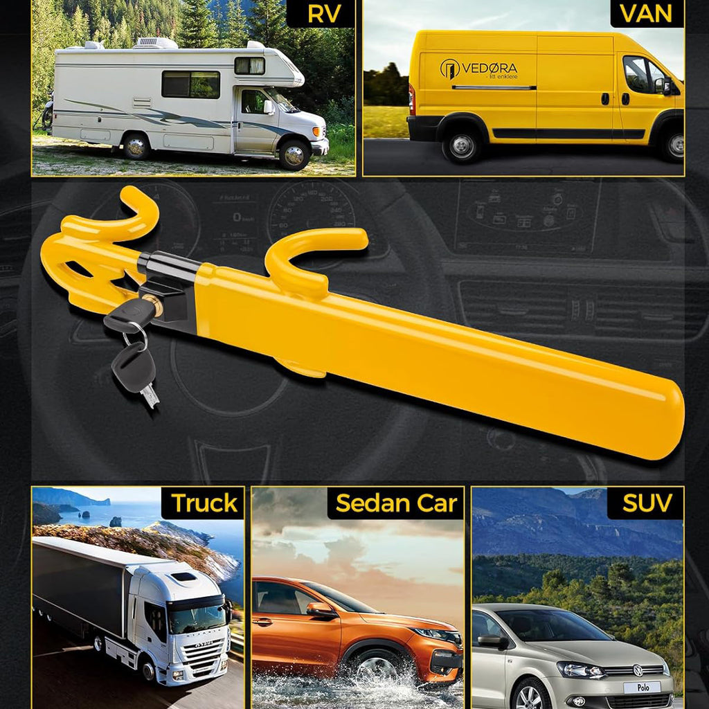 Steering Wheel Lock for Car - Double Hooks Anti-Theft Device and Heavy Duty Car Security Lock with Adjustable Locking and 2 Keys, Double Hook Car Locks for SUV, for Truck, for Van, for RV, for Sedan