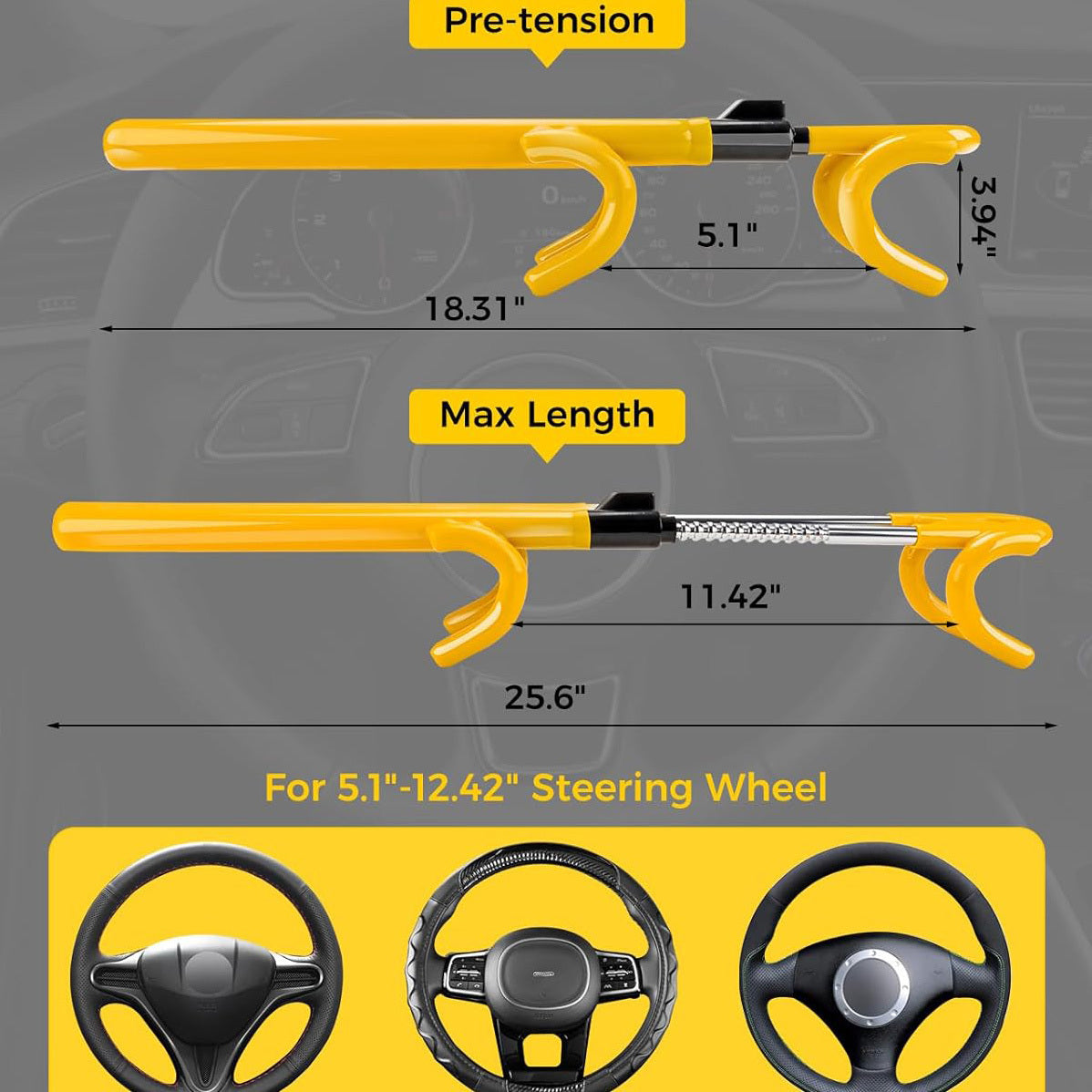 Steering Wheel Lock for Car - Double Hooks Anti-Theft Device and Heavy Duty Car Security Lock with Adjustable Locking and 2 Keys, Double Hook Car Locks for SUV, for Truck, for Van, for RV, for Sedan