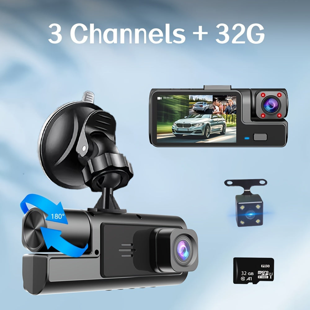 Car Dash Cam Driving Recorder front and rear tachograph, automotive triple tachograph, tachograph with 32GB card, 2160P full HD, G sensor, 170° wide Angle instrument panel with infrared night vision