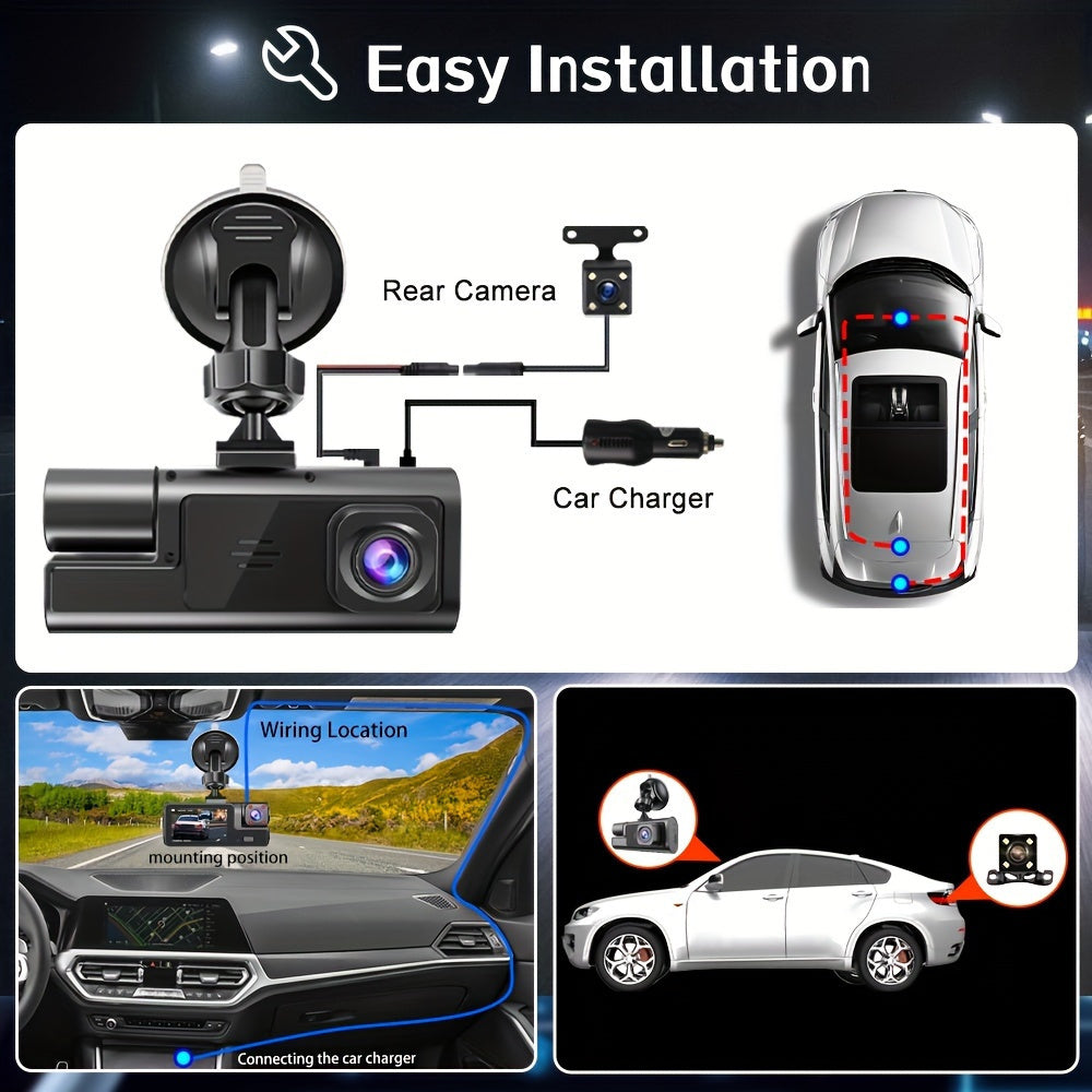 Car Dash Cam Driving Recorder front and rear tachograph, automotive triple tachograph, tachograph with 32GB card, 2160P full HD, G sensor, 170° wide Angle instrument panel with infrared night vision