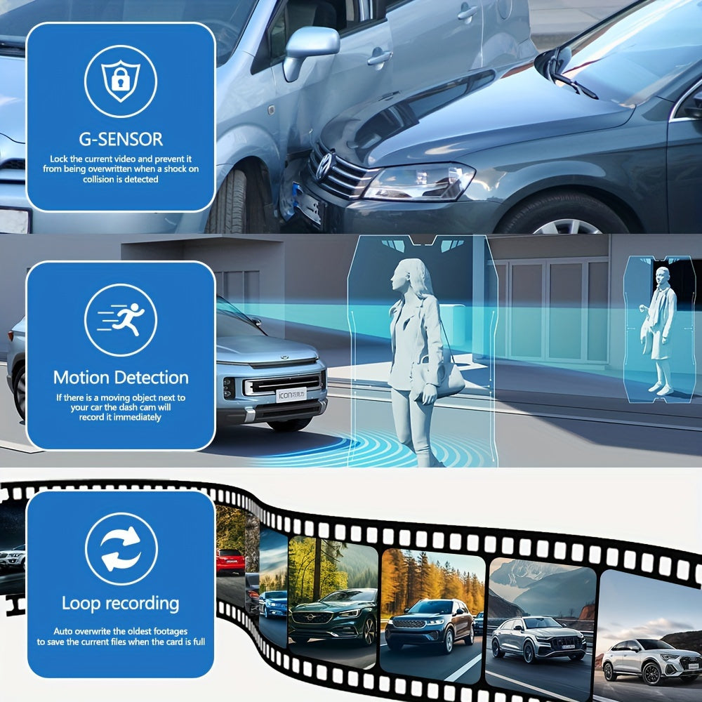 Car Dash Cam Driving Recorder front and rear tachograph, automotive triple tachograph, tachograph with 32GB card, 2160P full HD, G sensor, 170° wide Angle instrument panel with infrared night vision