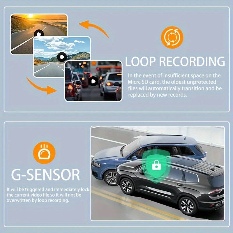 1pc 4K Dual Dash Cam with 1080P Front and 1080P Rear Camera, 4-Way HD Car Dashboard Camera, 360° Swivel, Loop Recording, Night Vision, G-Sensor, WDR, Rechargeable Lithium Polymer Battery, LED Display, Car Plug Power, ≤36V