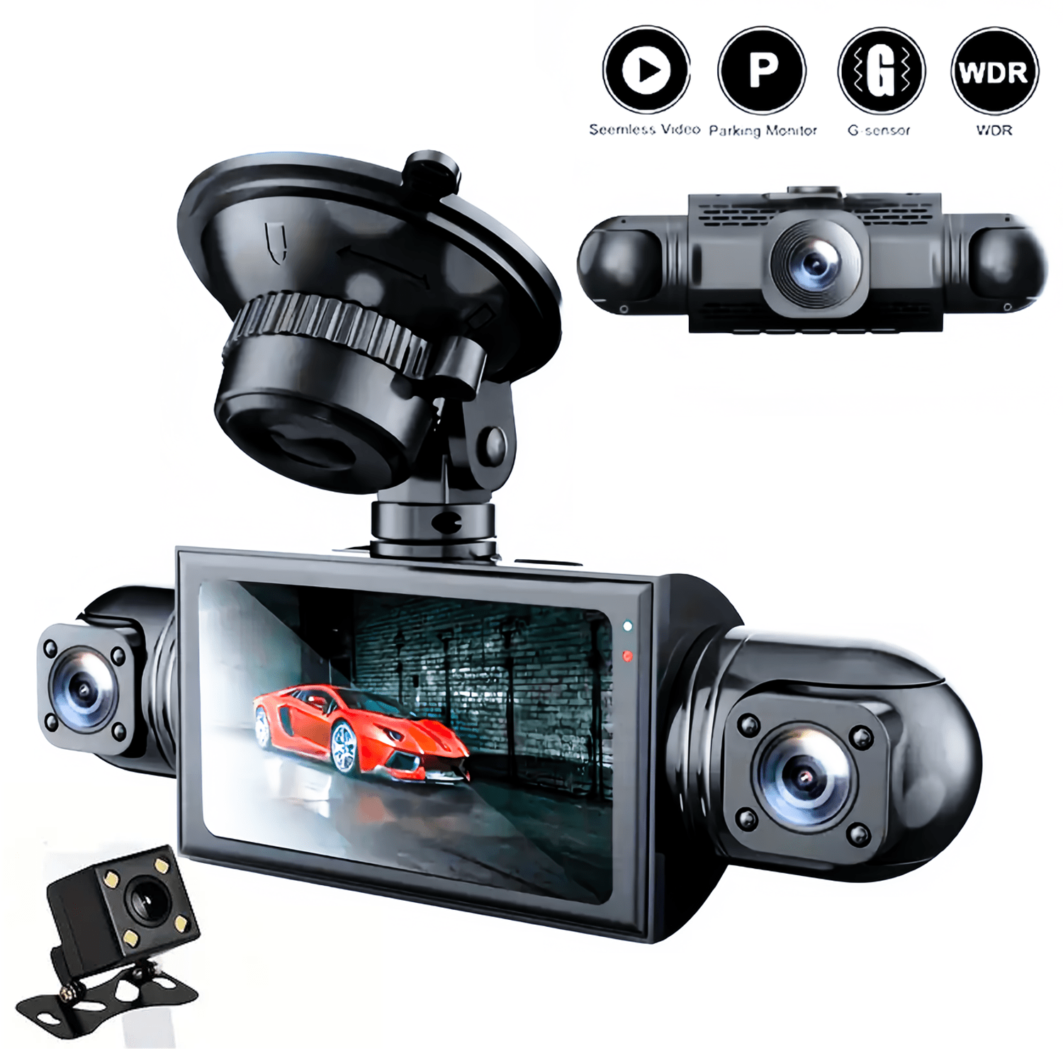 1pc 4K Dual Dash Cam with 1080P Front and 1080P Rear Camera, 4-Way HD Car Dashboard Camera, 360° Swivel, Loop Recording, Night Vision, G-Sensor, WDR, Rechargeable Lithium Polymer Battery, LED Display, Car Plug Power, ≤36V