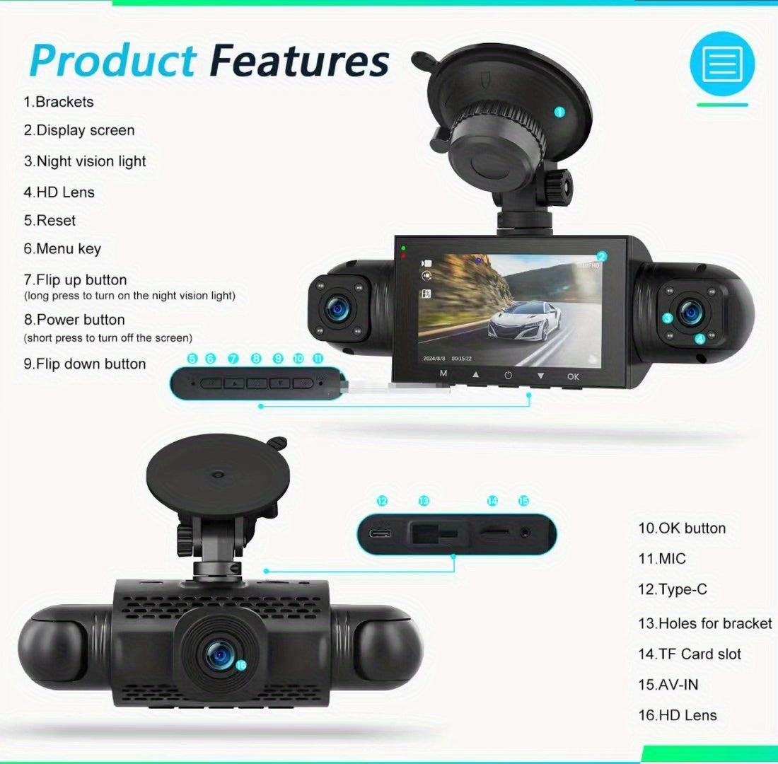 1pc 4K Dual Dash Cam with 1080P Front and 1080P Rear Camera, 4-Way HD Car Dashboard Camera, 360° Swivel, Loop Recording, Night Vision, G-Sensor, WDR, Rechargeable Lithium Polymer Battery, LED Display, Car Plug Power, ≤36V