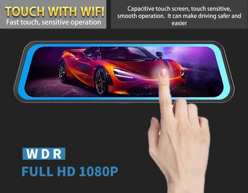 10 Inch Rearview Mirror Full Touch Screen Rearview Mirror Dual Camera Dash Cam, Dash Cam Front 1080P, English Voice Control, WDR Super Night Vision, Parking Mode Comes with 32G memory card, Dual Camera Dash Cam