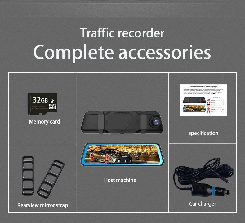 10 Inch Rearview Mirror Full Touch Screen Rearview Mirror Dual Camera Dash Cam, Dash Cam Front 1080P, English Voice Control, WDR Super Night Vision, Parking Mode Comes with 32G memory card, Dual Camera Dash Cam