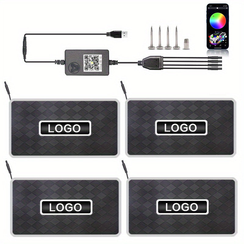 4pcs Custom car LED Light floor mat Ultra bright led Car floor mat Glow Interior Lighting LED Light Belt application control environment Neon Car Lighting Kit Car Foot mat Common Custom logo