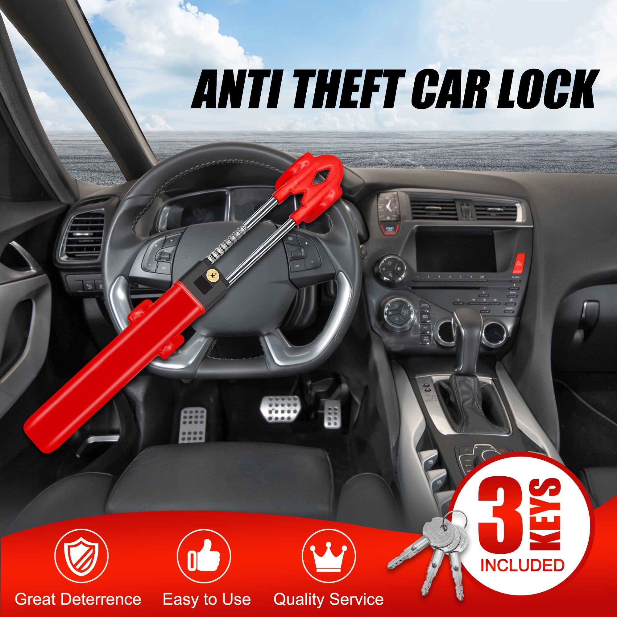 Steering Wheel Lock - Heavy Duty Antitheft Device And Car Security Lock With Adjustable Locking And 3 Keys - Great Vehicle And Truck Deterrent