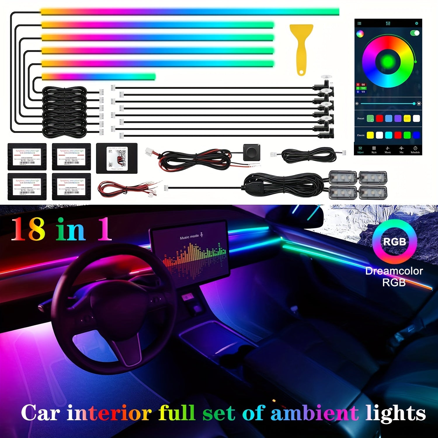 Dreamcolor Acrylic Interior Car LED Strip Light With Wireless APP, RGB 22 In 1 With 175 Inches 593 LEDs Fiber Optic Ambient Lighting Kits, 16 Million Colors Sound Active Function Car Neon Lights, Car Chassis LED And Neon, San