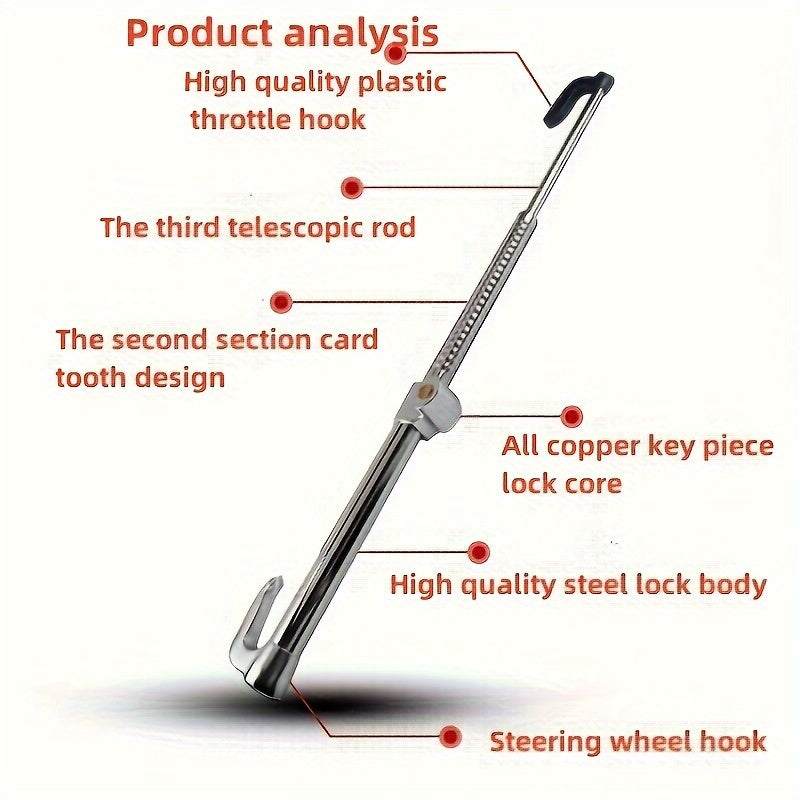 Universal Fit Anti-Theft Steering Wheel Lock - Durable Aluminum Alloy, Extendable Dual Hook, Clutch and Throttle Brake Security Device for Cars, Trucks, and Commercial Vehicles - Easy to Use and High Visibility Deterrent