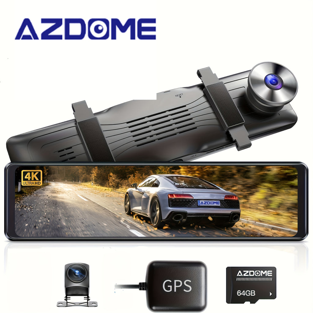 4K AZDOME PG19X  Full Touchscreen Dash Cam 12" with GPS, Split-Screen Display Rear View Mirror Camera, Front and Rear 4K+1080P Dual Car Recorder Built-in Parking Monitor, Night Vision, Loop Recording, 64GB Card, Easy to Insta