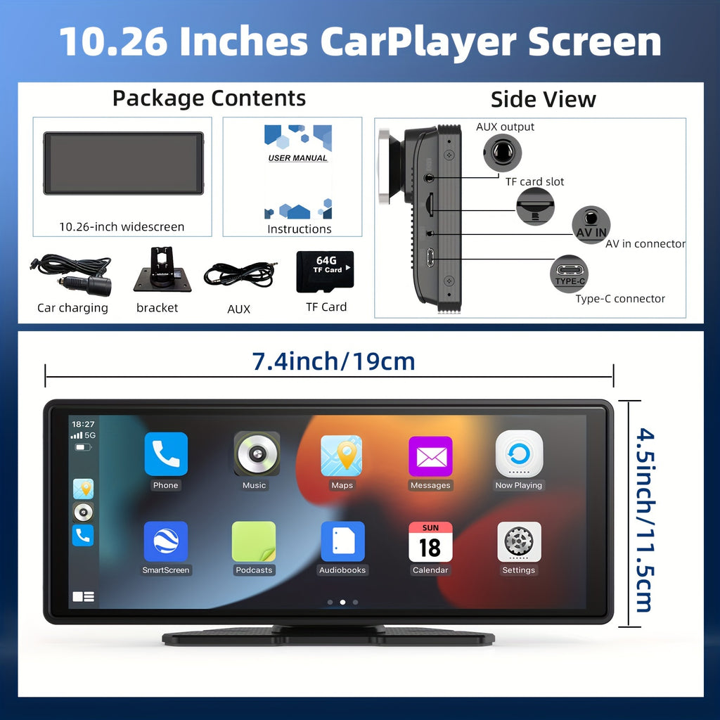 10-Inch Portable Car Player - 4K Dash Cam, Wireless Android Auto Car Play Screen, Voice Control, Mirror Link, Car Audio Receiver with AUX, 64G TF Card, Phone Holder - Upgrade Your Car Entertainment System