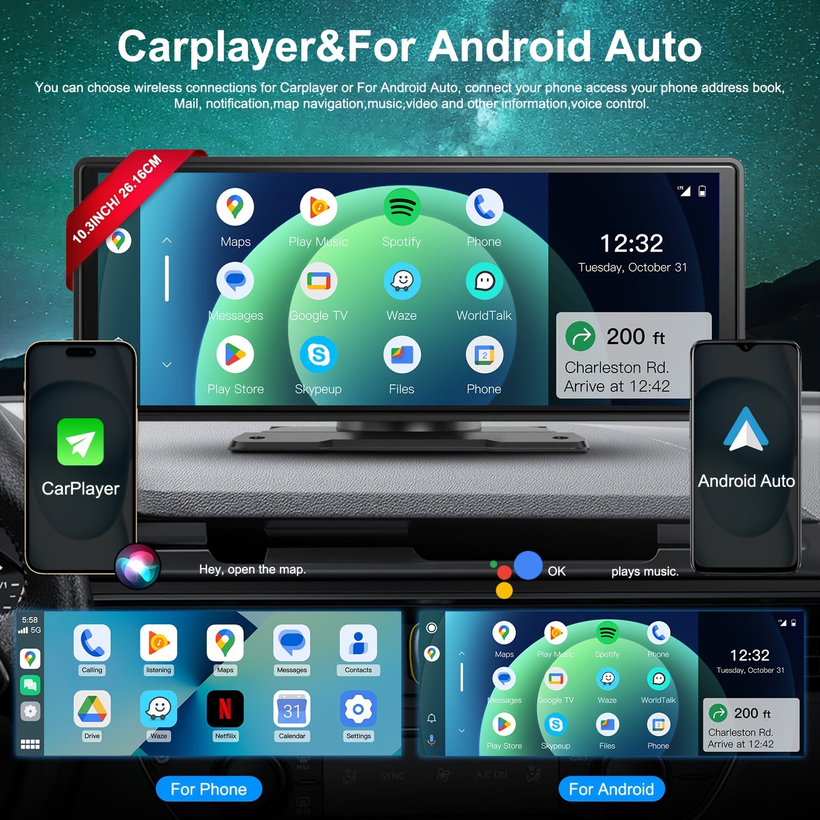 10.26 Inch/26.16cm Portable Wireless Carplayer Screen, Wireless Android Auto Car Play Car Radio, WiFi Video, Car Audio Receivers GPS Navigation Mirror Link, Double B&T, FM, Siri, Mp5 Player, Optional Backup Camera