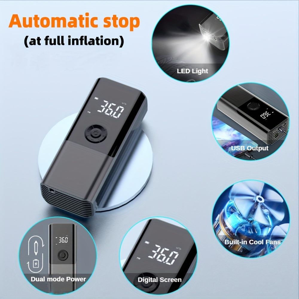 Portable Electric Car Tire Inflator Pump, USB Charging with Digital Display, Rechargeable Lithium Battery, LED Light, for Car Bike Motor Balls, ≤36V Operating Voltage, USB Type-C Connector, 1500mAh Capacity