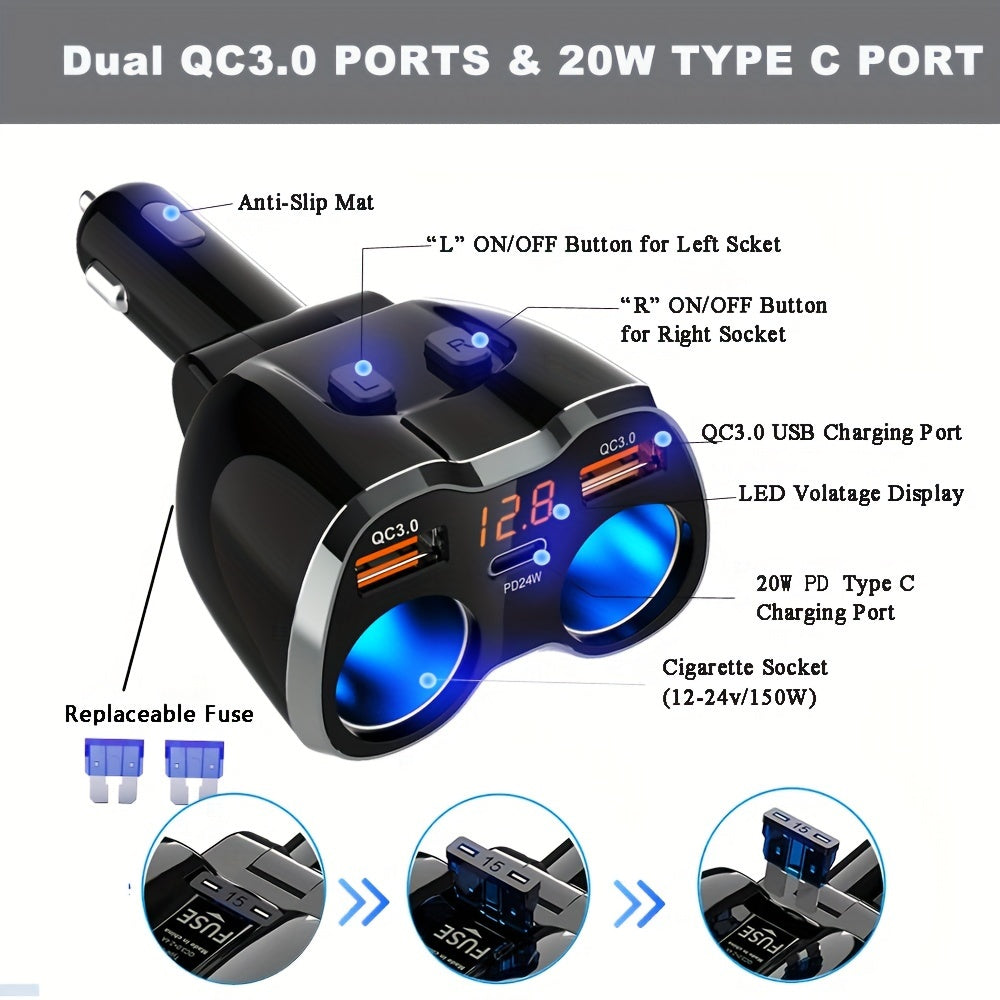 Cigarette Lighter Adapter, 150W 2 Sockets Car Cigarette Lighter Splitter Dual QC3.0 and 20W PD Type C Ports 12/24V Car Charger with ON/Off Switch for iPhone iPad Android Dash Cam