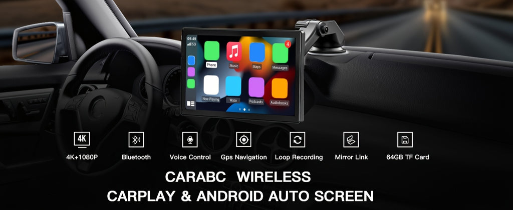 9'' 4K Wireless CarPlay & Android Auto Touchscreen Carabc with Dash Cam, GPS Navigation, Mirror Link, FM, Voice Control