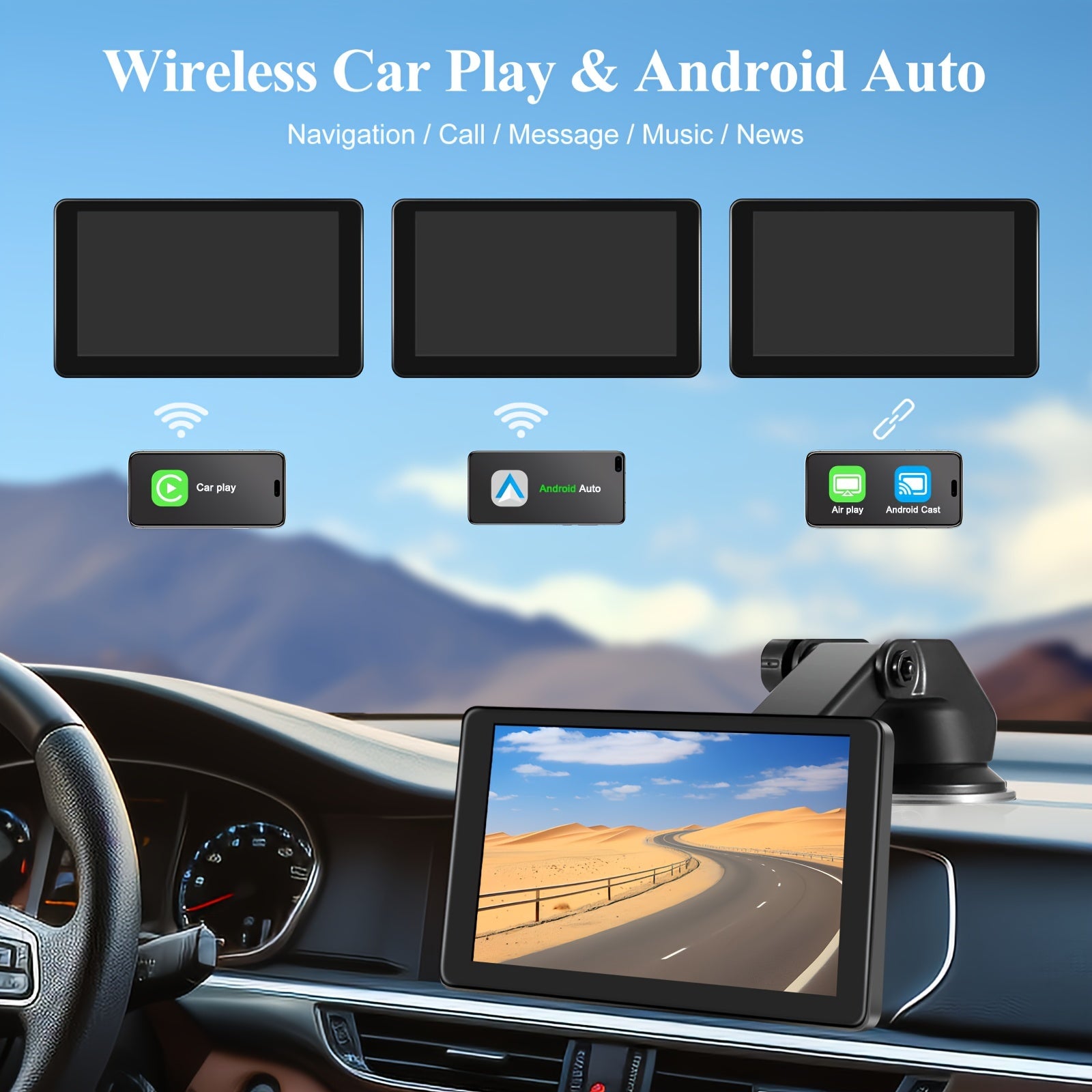 Portable Car Play Screen For Car, 7'' IPS Touch Screen With 4K Dash Cam, Wireless Android Auto Screen, 1080P Backup Camera, Voice Control, Mirror Link, GPS Navigation For Cars, Trucks, SUVs
