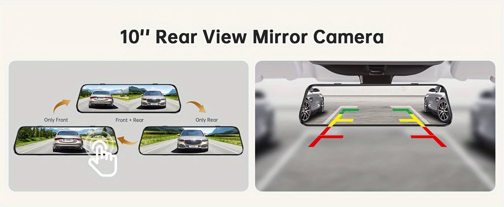 10'' Rear View Mirror Full Touch Screen Mirror Dual Camera Dash Cam, Dash Cam Front 1080P And Rear 720P, App Control With WiFi And GPS, English Voice Control, WDR Super Night Vision, Parking Mode(Need To Connect Mini 3-lead H
