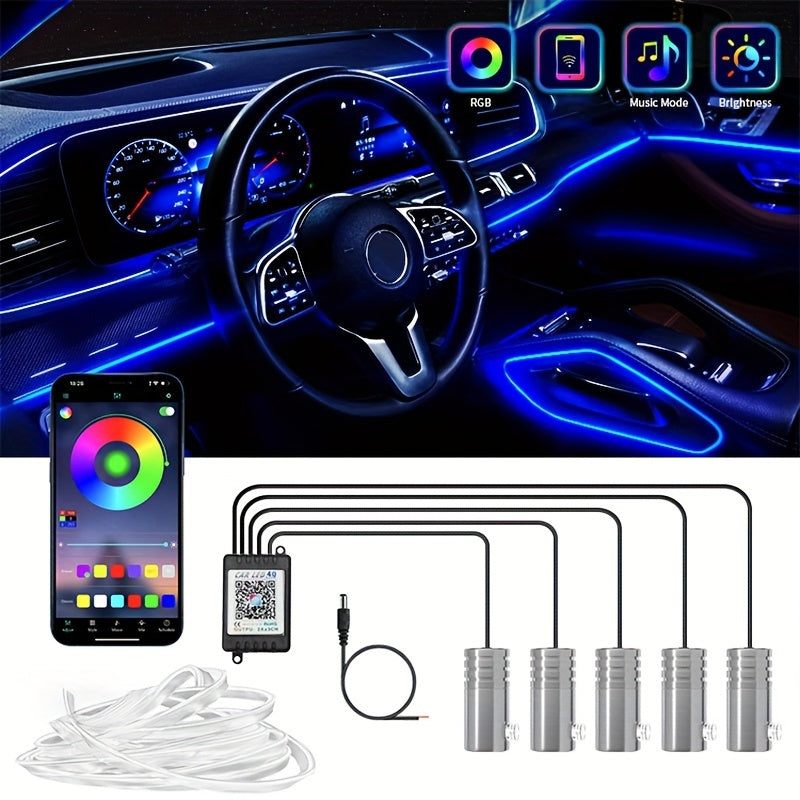 1 Set Interior Car LED Strip Lights, Kit with Wireless App, RGB 5 in 1 Ambient Lighting Kits with 236 inches Fiber Optic, 16 Million Colors Car Neon Lights, Sync to Music, Universal 5V 12V