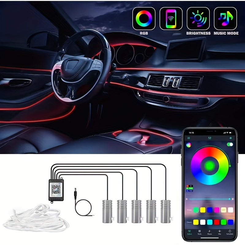 1 Set Interior Car LED Strip Lights, Kit with Wireless App, RGB 5 in 1 Ambient Lighting Kits with 236 inches Fiber Optic, 16 Million Colors Car Neon Lights, Sync to Music, Universal 5V 12V