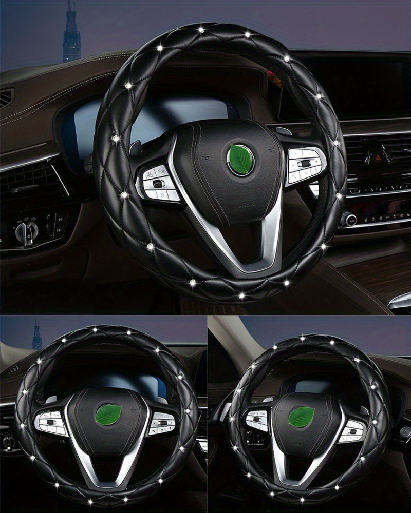 New Style, Rhinestone Inlaid, Artificial Diamond Grid PU Leather Car Steering Wheel Cover, soft And Comfortable, Suitable For Women And Girls.