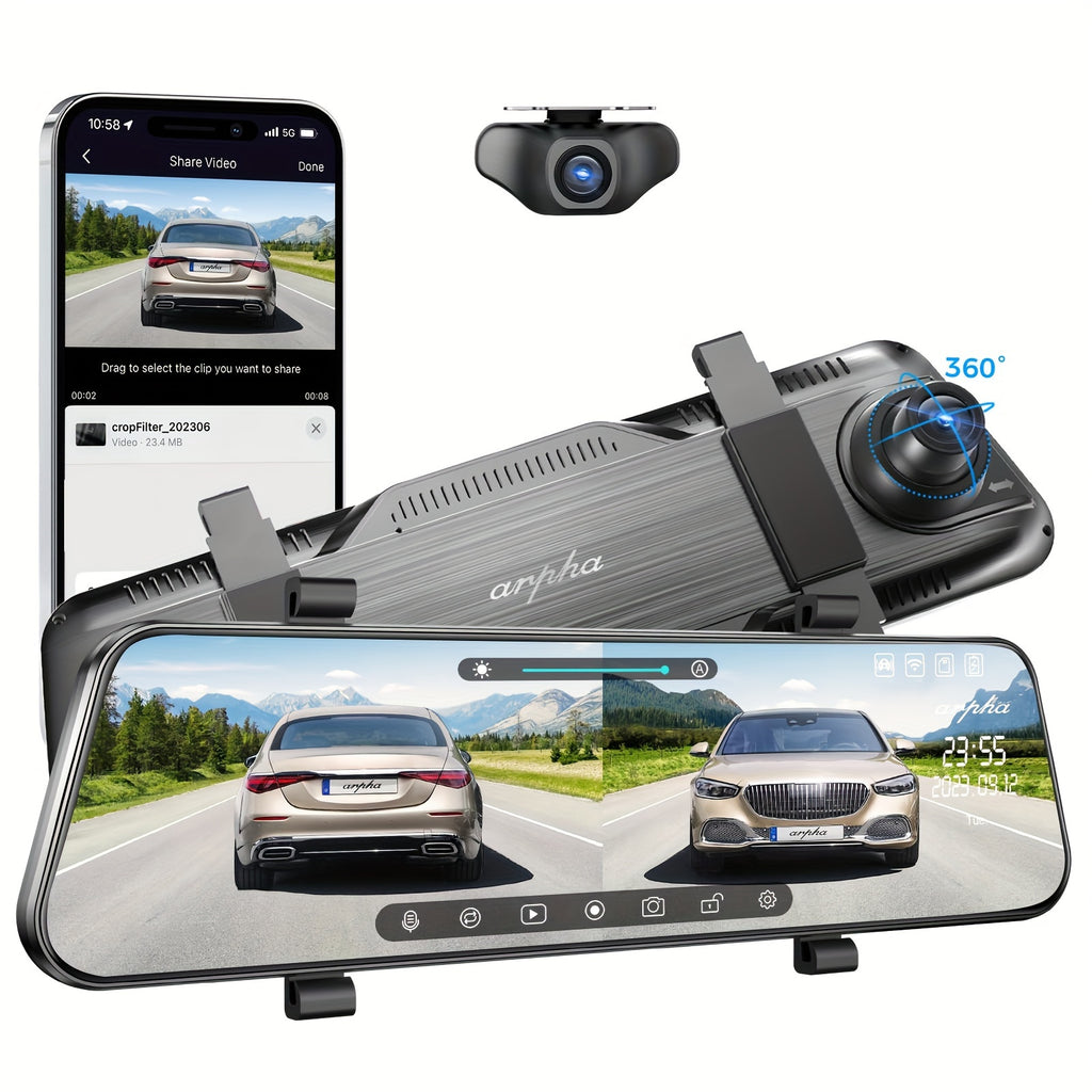 10'' Rear View Mirror Full Touch Screen Mirror Dual Camera Dash Cam, Dash Cam Front 1080P And Rear 720P, App Control With WiFi And GPS, English Voice Control, WDR Super Night Vision, Parking Mode(Need To Connect Mini 3-lead H