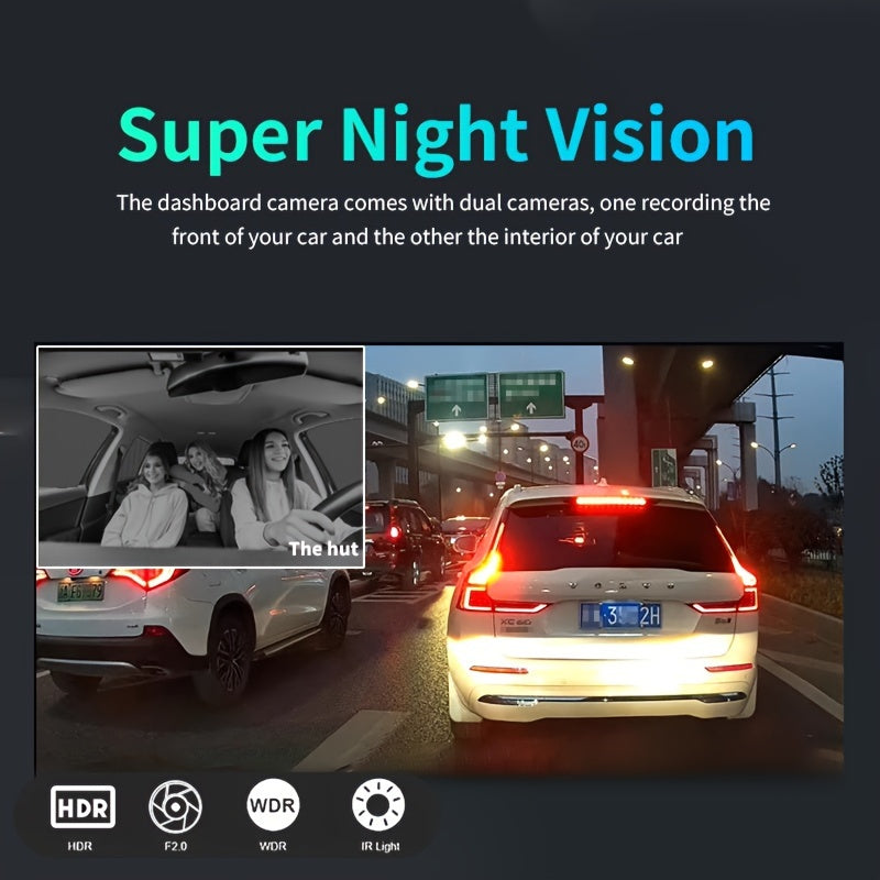 1080P Dual Camera, Dash Cam For Cars, Front And Inside, Car Camera With IR Night Vision, Loop Recording, Wide Angle Car DVR Camera With 3.16 Inch IPS Screen, Dual Lens Car Dashboard Video Cam
