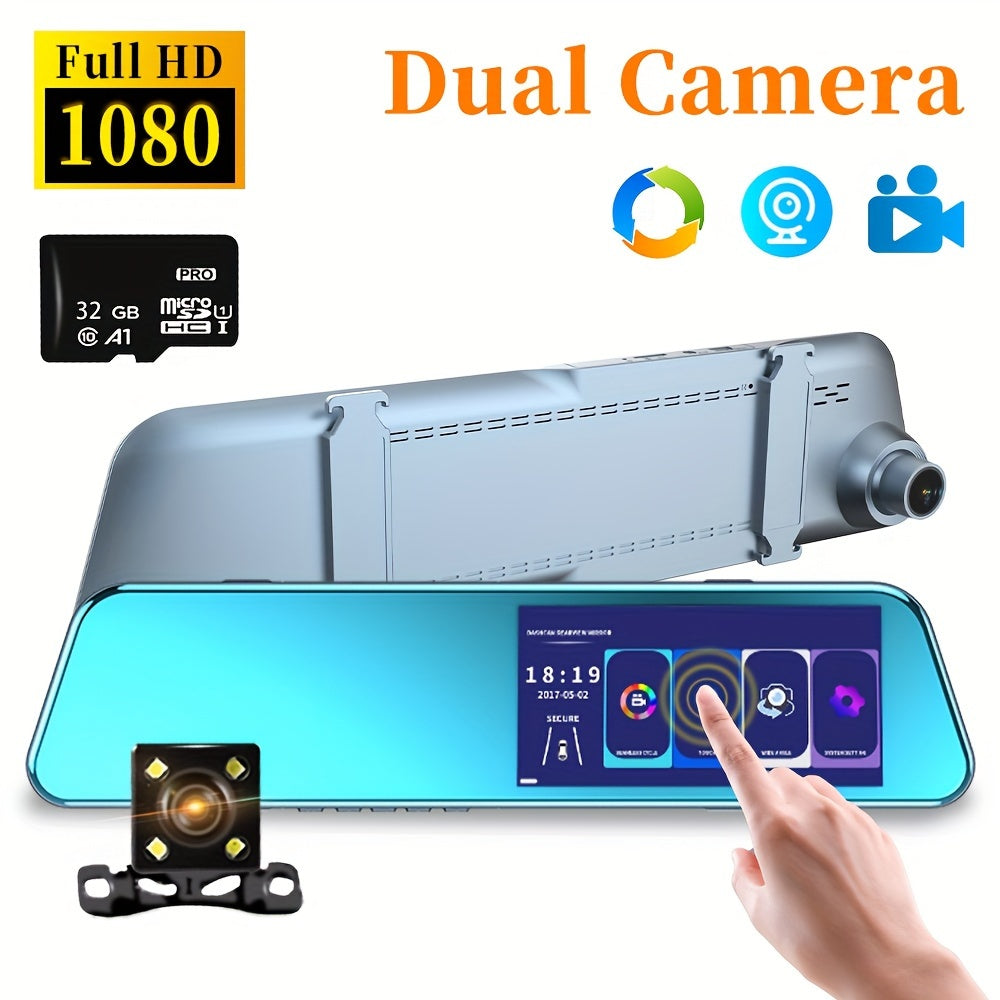 1080P Full HD Dual Dash Cam with 5.0" Touch Screen, Front 120° Wide Angle, Rear 720P Camera, Adhesive Mount, Touch Control, PC Compatible, Drivers Side Orientation, Car Plug Power, Universal Driving Fit, 180mAh Lithium Polym