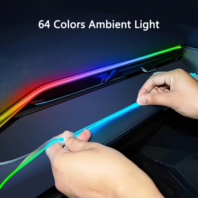 64 Color USB Car LED Ambient Light Acrylic Strip Instrument Panel Decorative Light RGB Car Interior Hidden APP Remote Control Ambient Light, Music Jumping Light Strip
