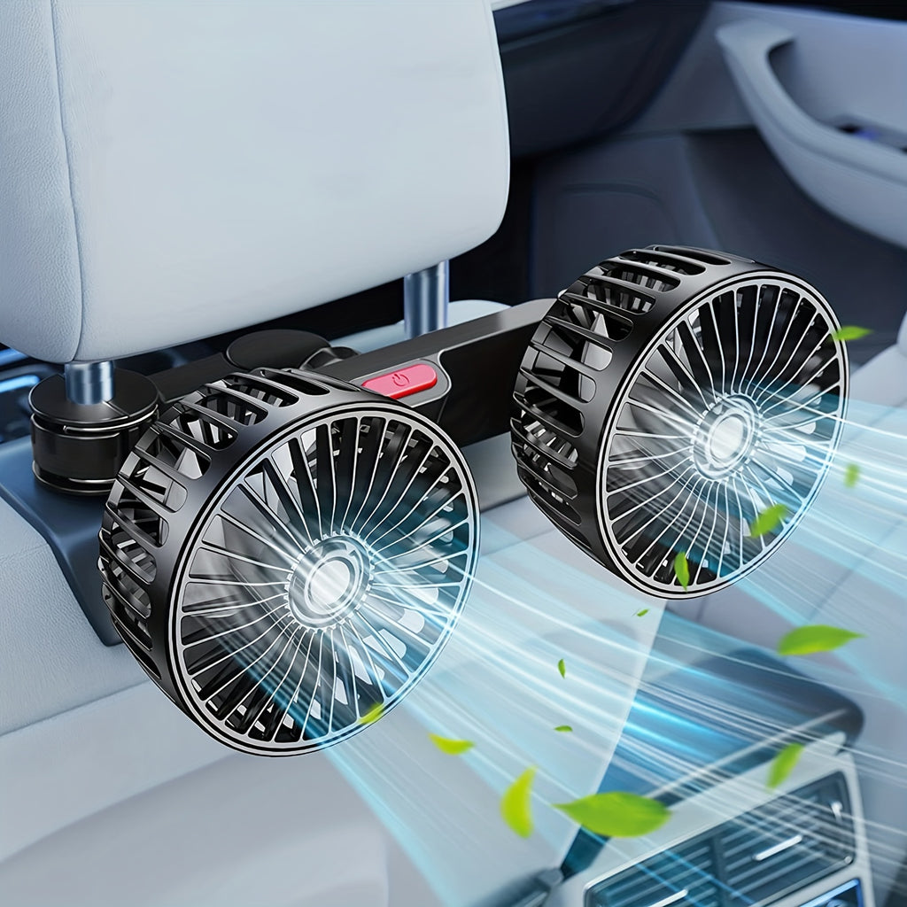 1pc High-Power Dual-Head Car Fan - 360° Rotating Ventilation, Quiet Operation & Secure Clip-On Base - Ideal for Vehicle & Home Use