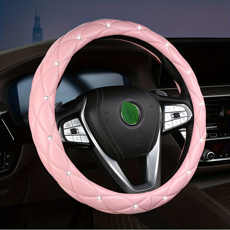 New Style, Rhinestone Inlaid, Artificial Diamond Grid PU Leather Car Steering Wheel Cover, soft And Comfortable, Suitable For Women And Girls.