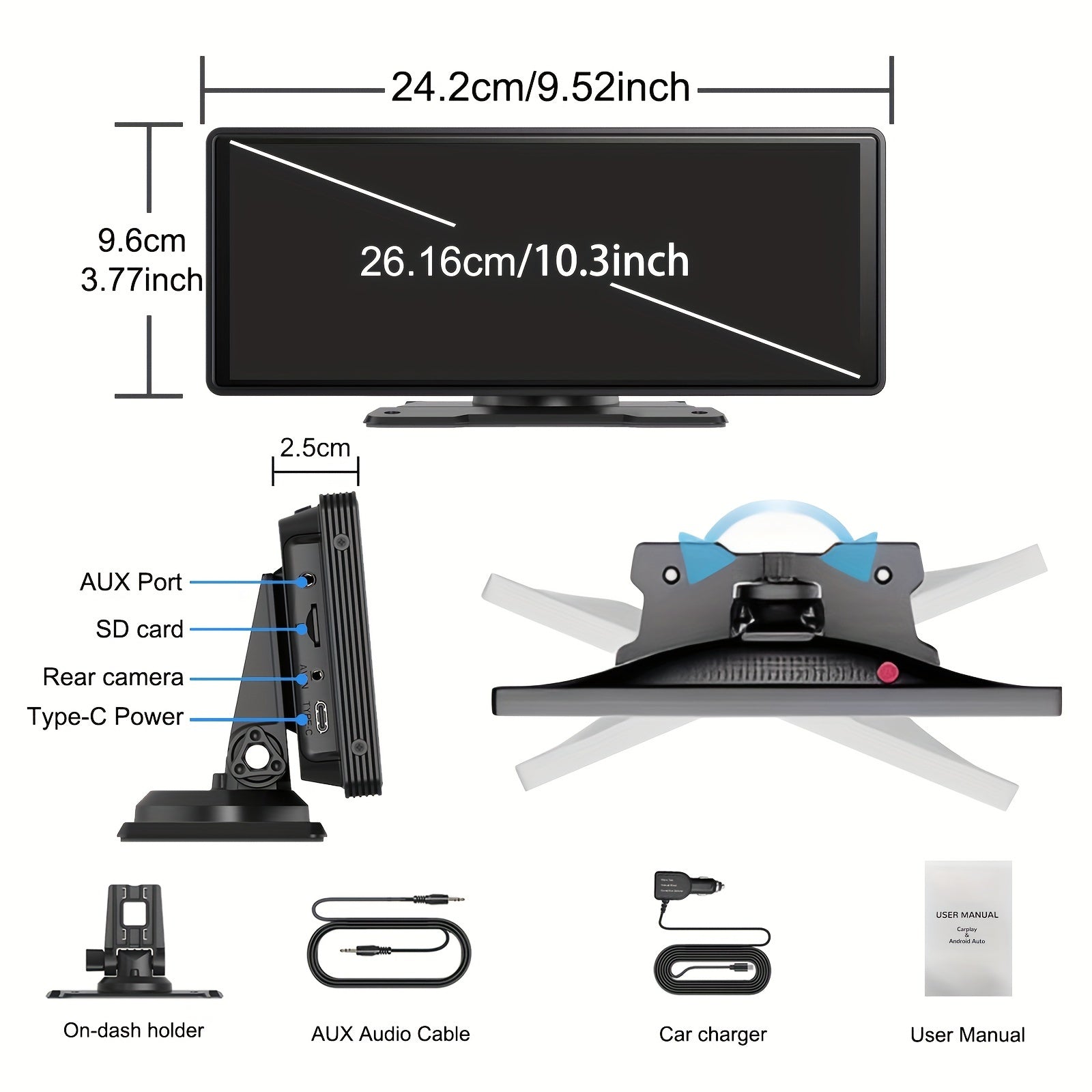 10.26 Inch/26.16cm Portable Wireless Carplayer Screen, Wireless Android Auto Car Play Car Radio, WiFi Video, Car Audio Receivers GPS Navigation Mirror Link, Double B&T, FM, Siri, Mp5 Player, Optional Backup Camera