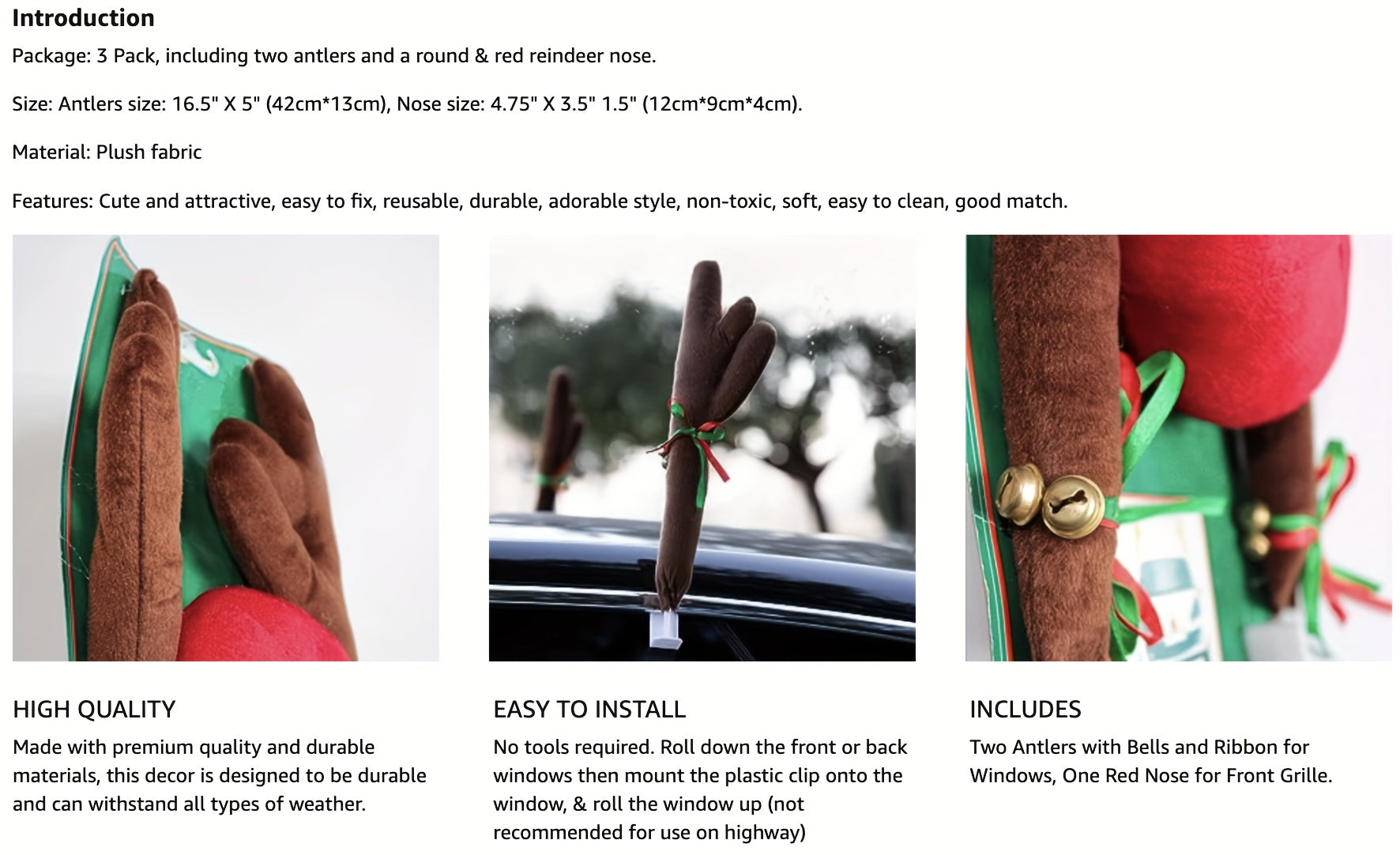 Car Reindeer Antlers & Nose - Window Roof-Top & Grille Rudolph Reindeer Jingle Bell Christmas Costume - Auto Accessories Decoration Kit