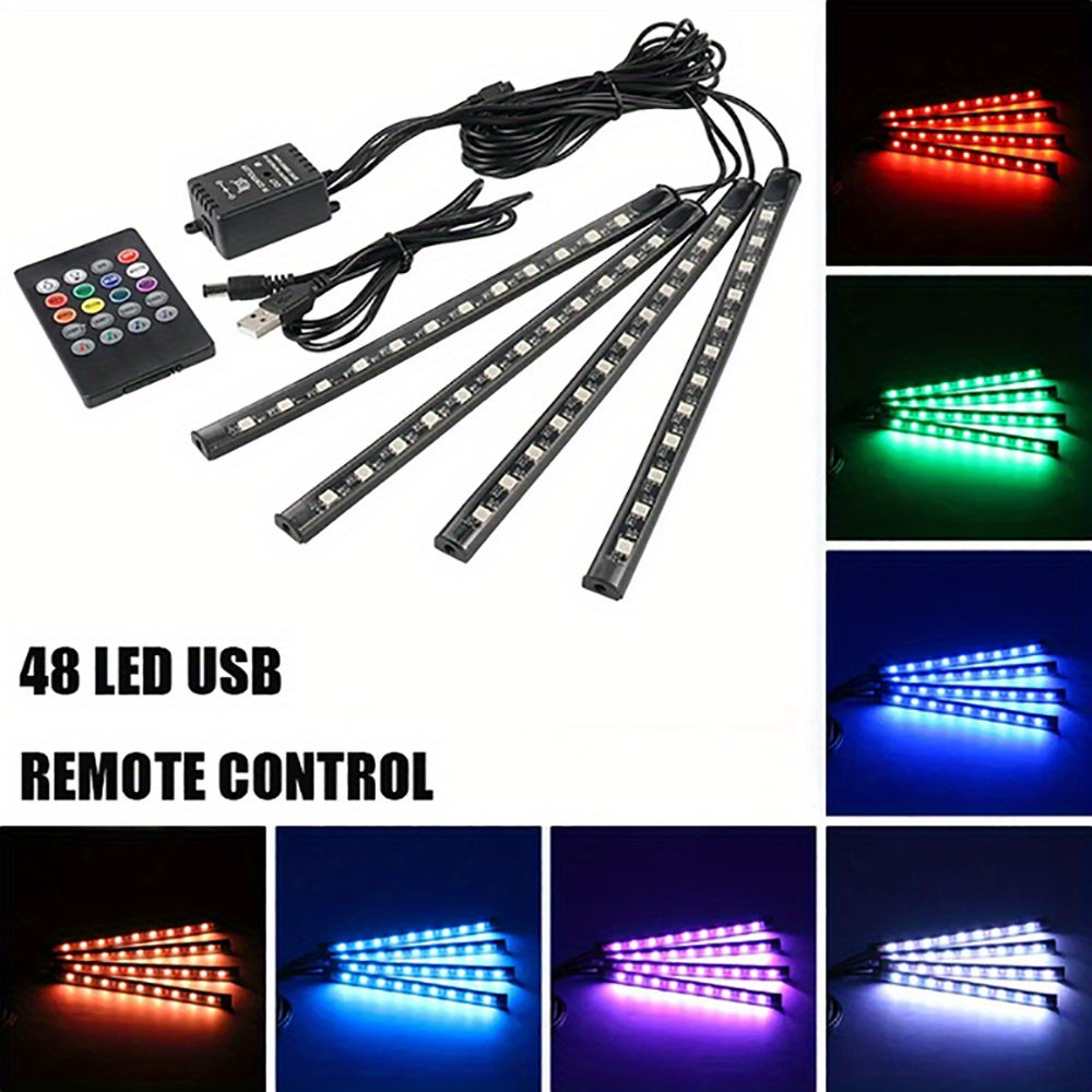 Light Up Your Car With 4pcs 48 LEDs Neon LED Interior Lights - Music Sync, Wireless Remote Control Auto RGB Decorative Lamps