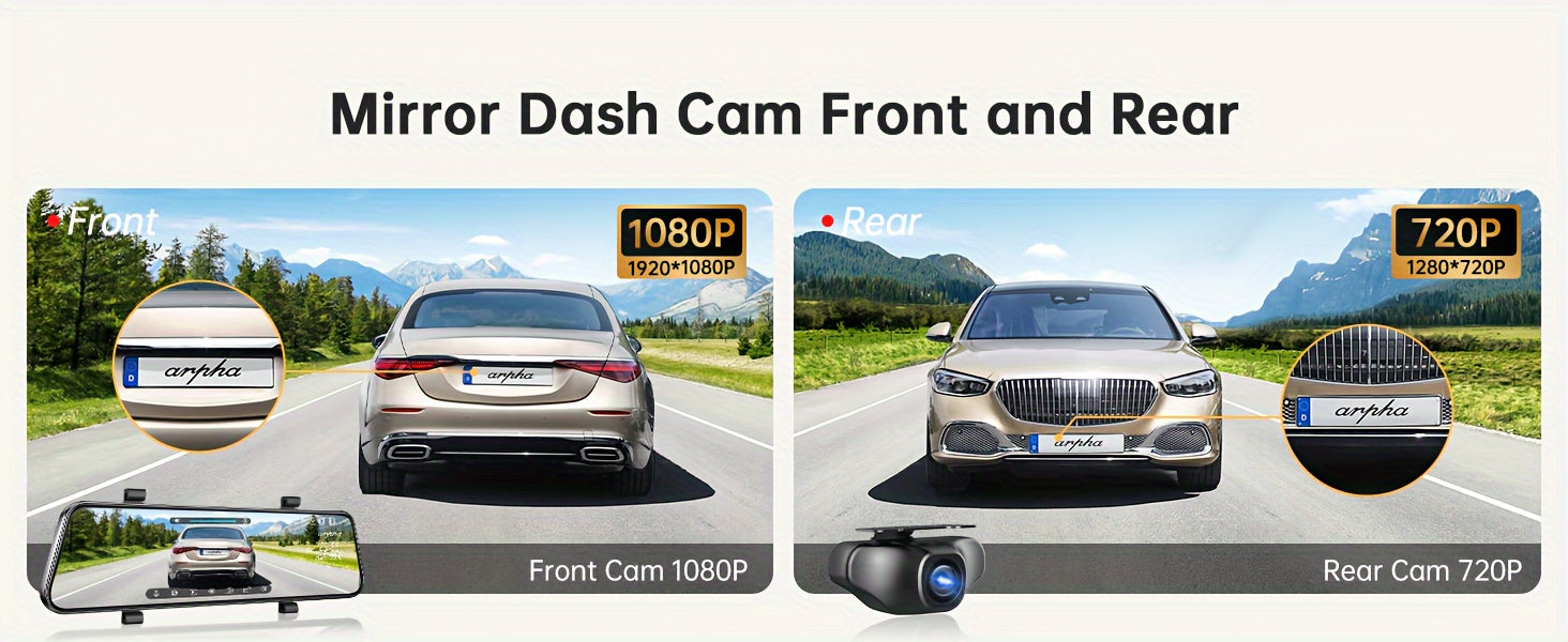 10'' Rear View Mirror Full Touch Screen Mirror Dual Camera Dash Cam, Dash Cam Front 1080P And Rear 720P, App Control With WiFi And GPS, English Voice Control, WDR Super Night Vision, Parking Mode(Need To Connect Mini 3-lead H