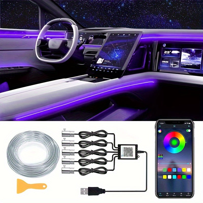 RGB 5 In 1 Ambient Lighting Kit, Interior Lights, Car Led Strip Lights, Led Light Bar For Car With Music Sync Function, USB Neon Light Accessories