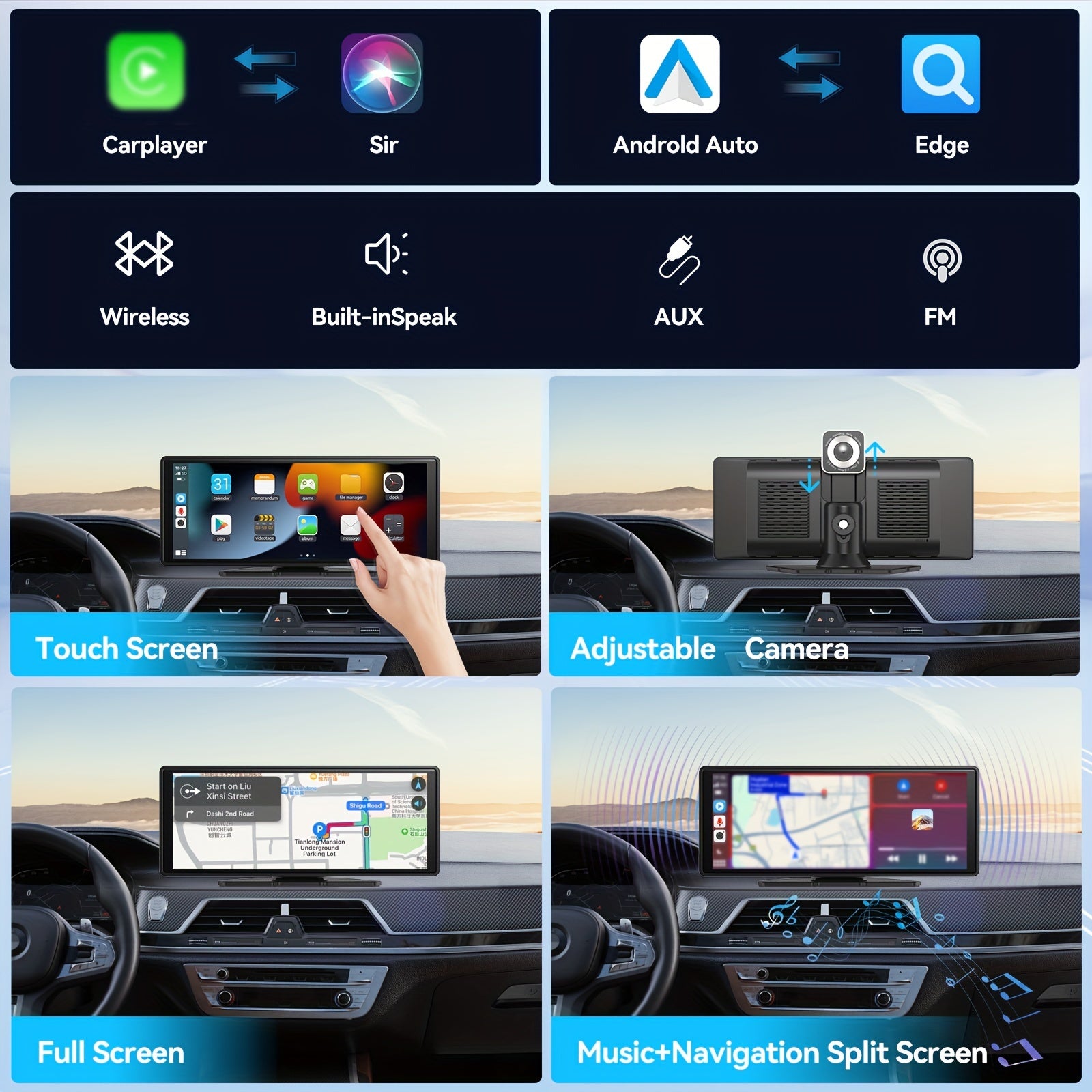 10.26" Wireless CarPlay & Android Auto Screen for Car Stereo - 4K Dash Cam, GPS Navigation, Mirror Link, FM, Phone Holder Replacement, Front Camera, Voice Control, Universal Smart System for ALL Vehicles