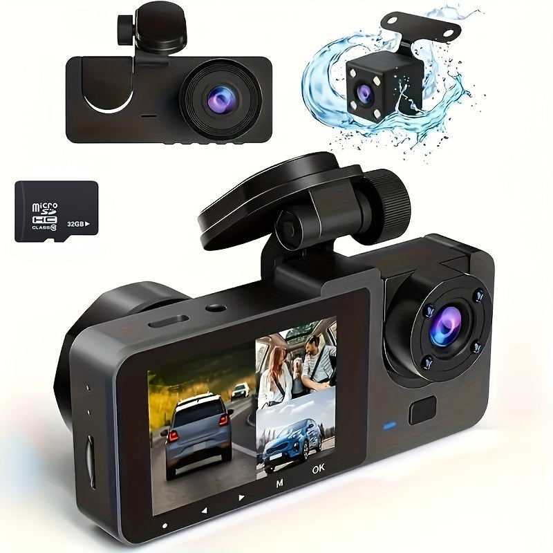 32G 3Lens HD Dash Cam Car DVR, Front Inside Rear Wide Angle Night Vision Camera with G-sensor and Loop Recording