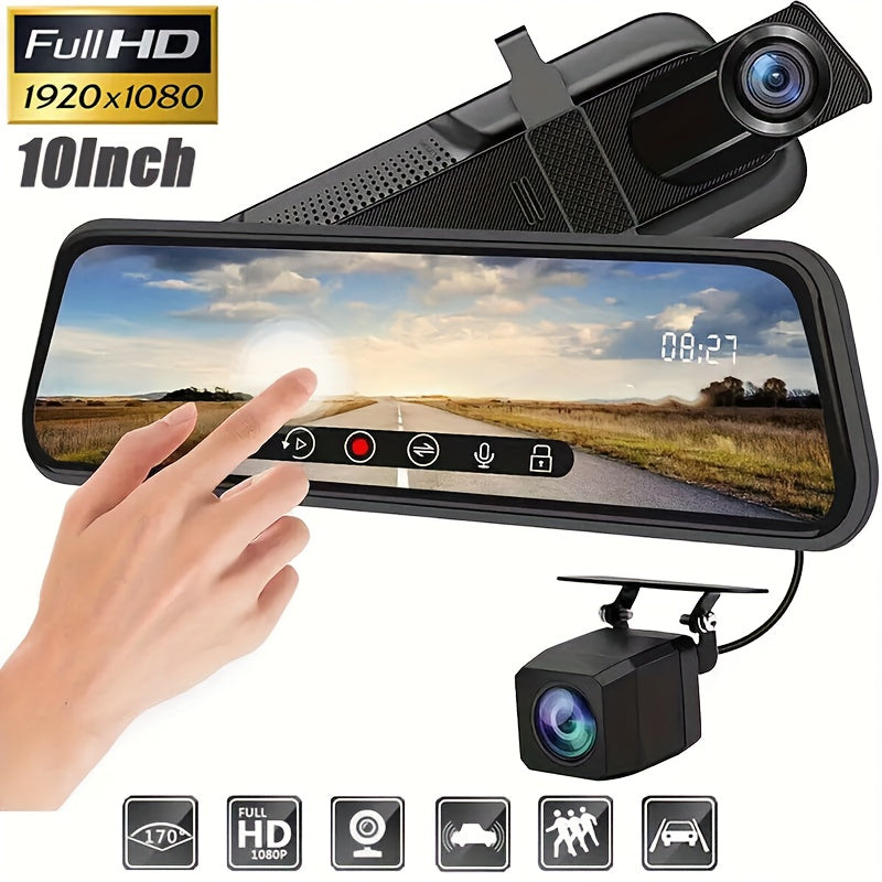 1080P HD 9.66 Inch; Mirror Dash Cam Front And Rear, With Touch Screen/ G-sensor/Night Version/ Loop Recording, 32GB Card Optional.