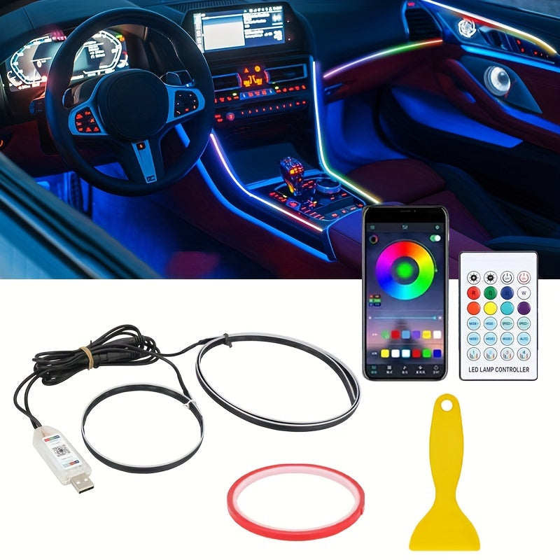 64 Color USB Car LED Ambient Light Acrylic Strip Instrument Panel Decorative Light RGB Car Interior Hidden APP Remote Control Ambient Light, Music Jumping Light Strip