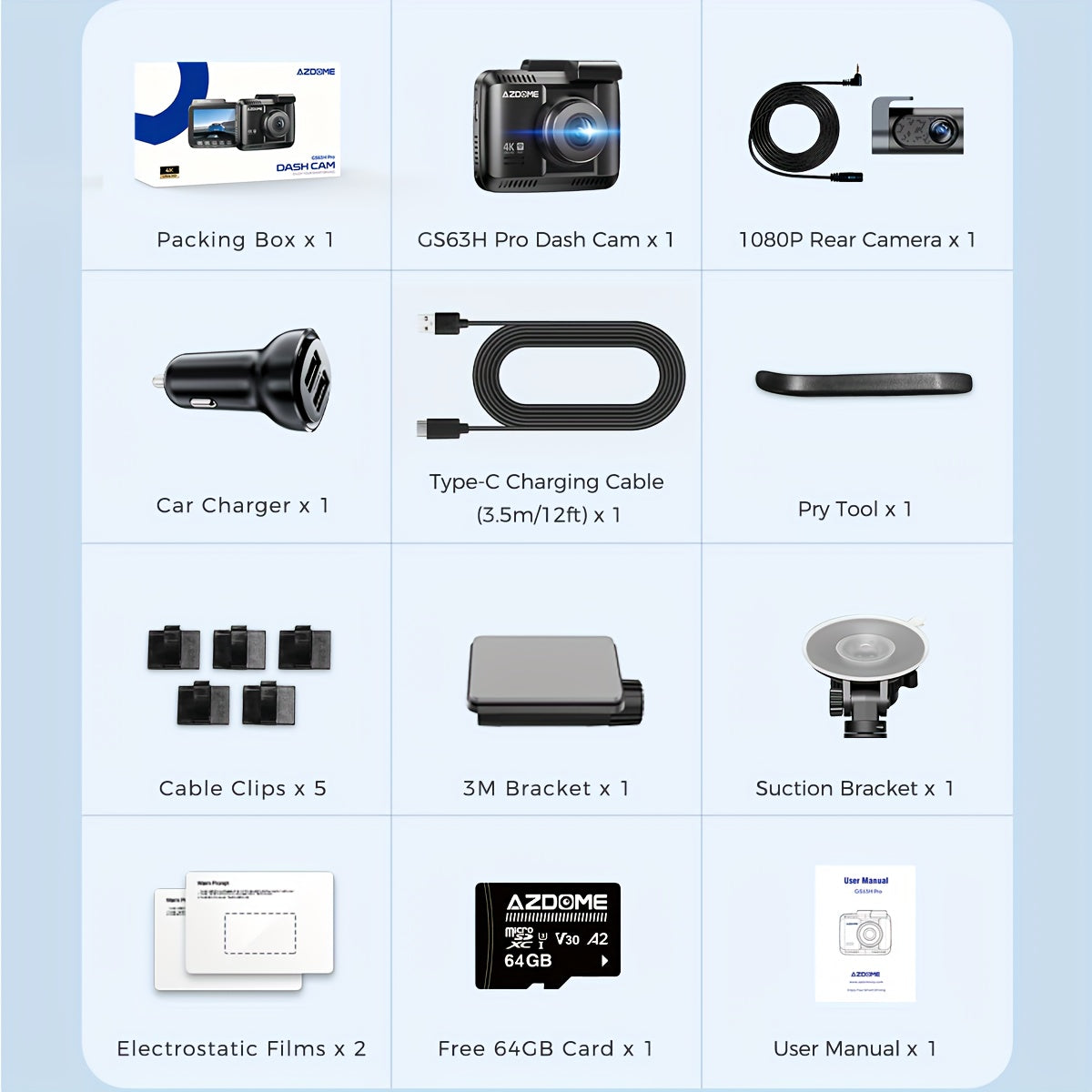 AZDOME GS63H Pro 4K Dash Cam Front And Rear, Built-in GPS, Speed, 5G WiFi Dash Camera For Cars, 2160P UHD 30fps Dashcam With APP, 2.4" IPS Screen, WDR, 64GB Card Included, Super Night Vision, 24H Parking Mode