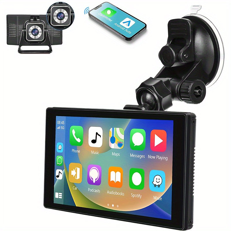Wireless ios Carplayer & Android Auto with 4K Dash Cam, 5" Portable Touch Screen for Car, Wireless AUX/FM Transmitter, Driving Recorder, Voice Control Car Stereo Receivers
