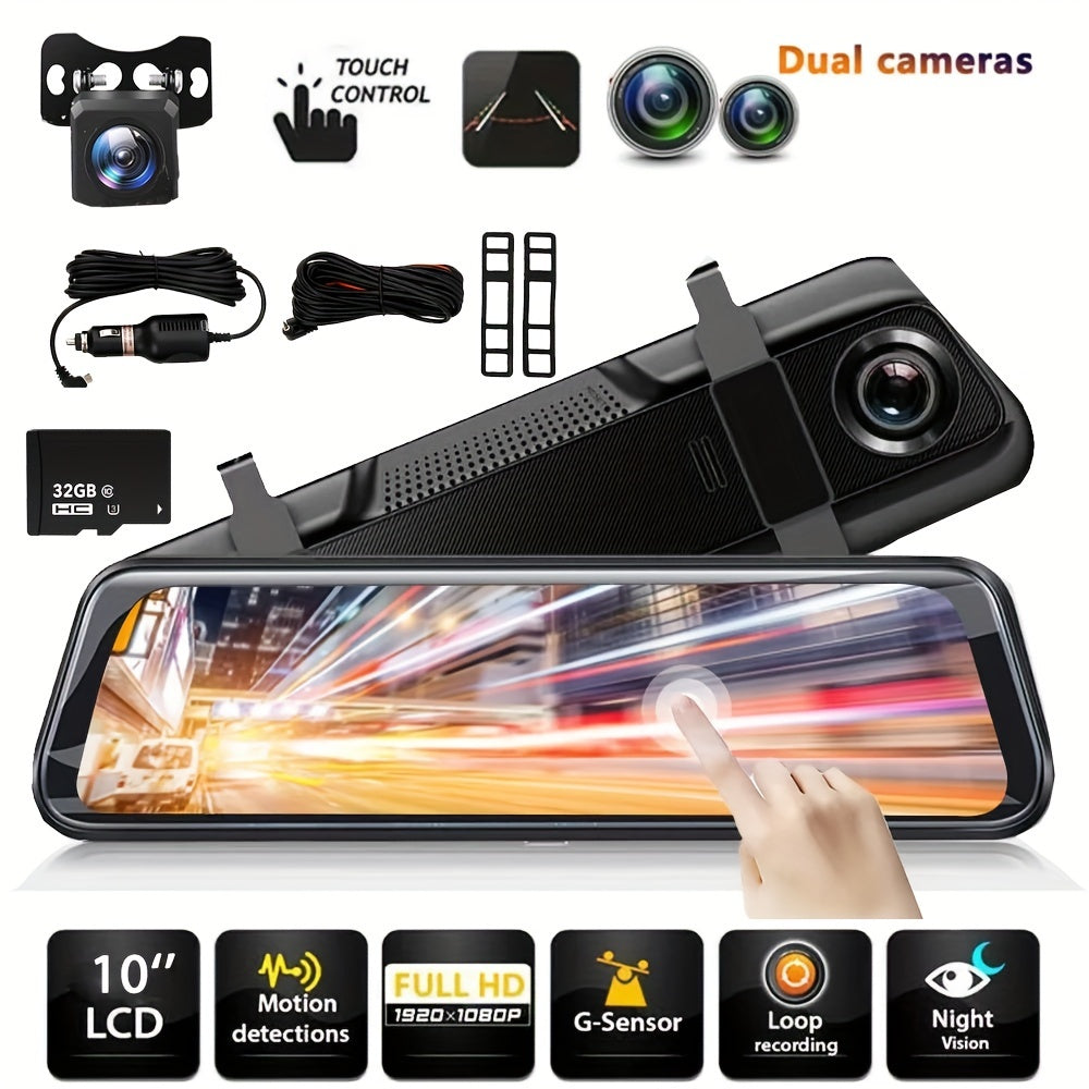 10" 4K Mirror Dash Cam Backup Camera, Full HD Smart Rearview Mirror For Cars & Trucks, Front And Rear View Dual Cameras, Night Vision, Parking Assistance, Included 32GB Card