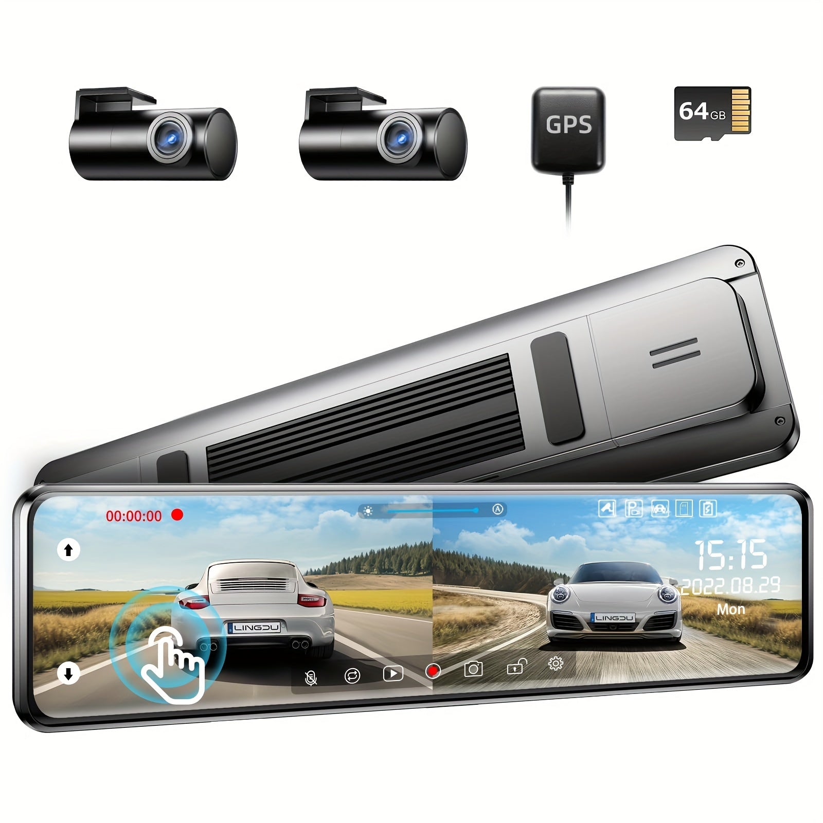 12" FHD 1080P LINGDU Full Touch Screen Mirror Dash Cam with Detached Camera, Super Night Vision, Front and Rear Dual Cameras, Flexible Installation, Backup View Mirror Camera, Includes 64GB Card